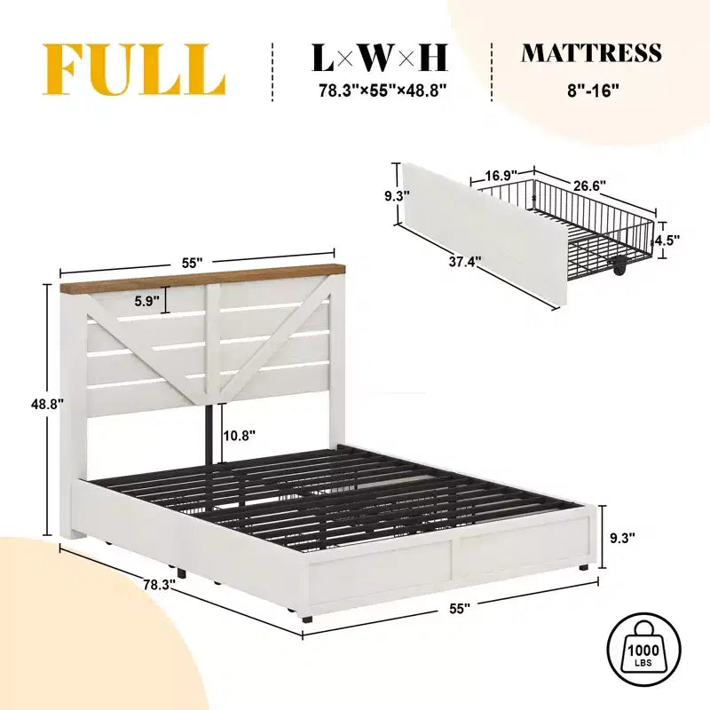 Platform Bed Frame with 4 Storage Drawers & Barn Door Headboard, Rustic Wood Grain