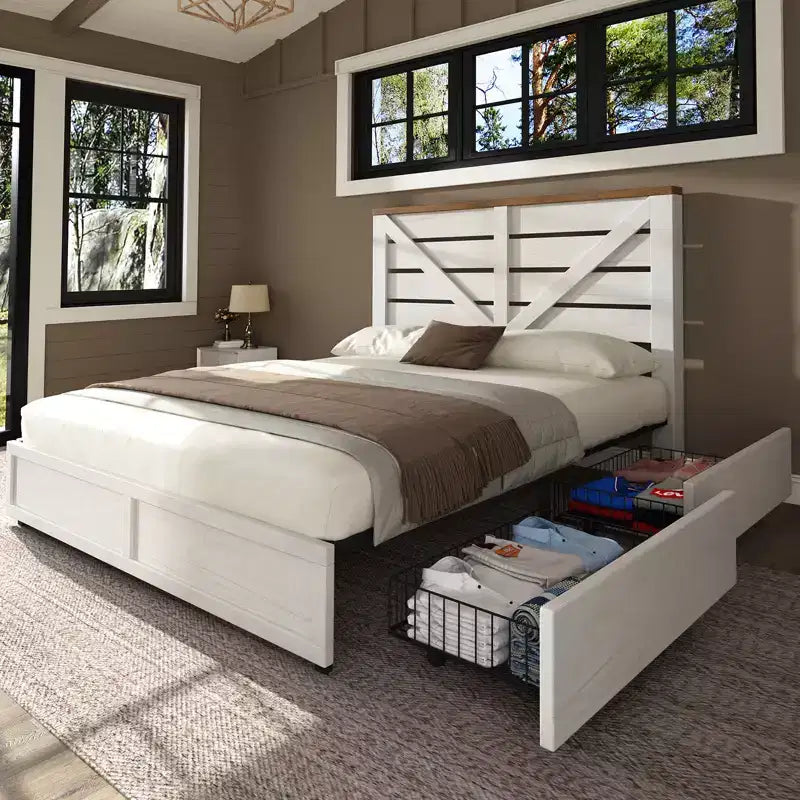 Platform Bed Frame with 4 Storage Drawers & Barn Door Headboard, Rustic Wood Grain