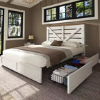 Platform Bed Frame with 4 Storage Drawers & Barn Door Headboard, Rustic Wood Grain