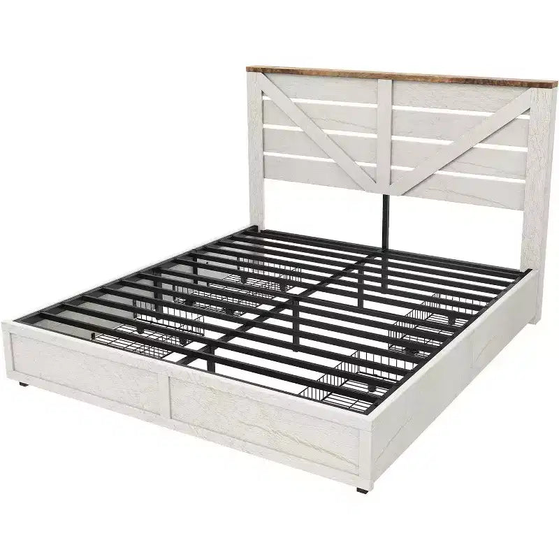 Platform Bed Frame with 4 Storage Drawers & Barn Door Headboard, Rustic Wood Grain