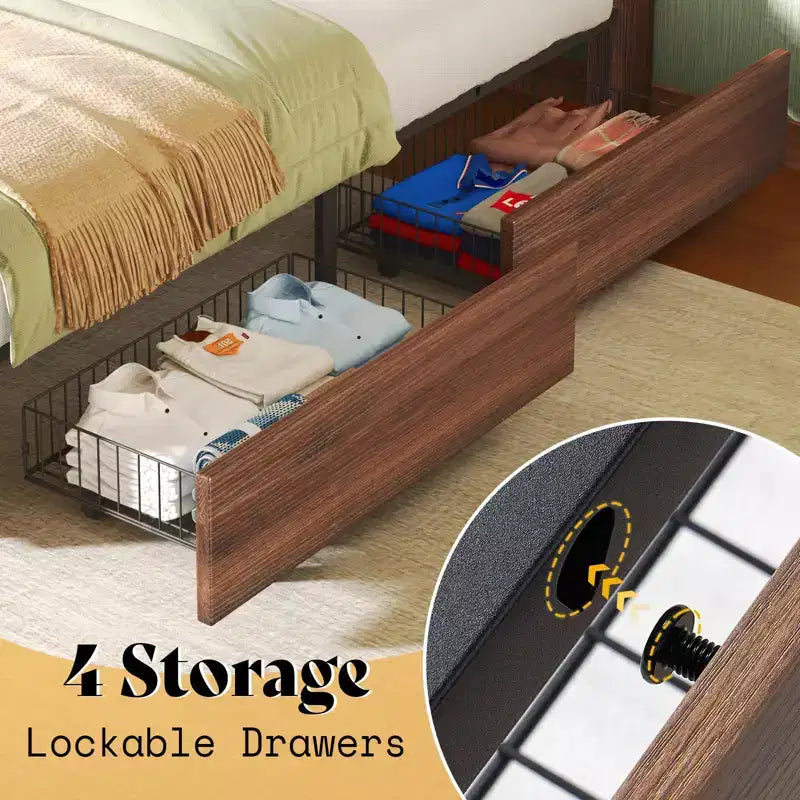 Platform Bed Frame with 4 Storage Drawers & Barn Door Headboard, Rustic Wood Grain