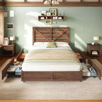 Platform Bed Frame with 4 Storage Drawers & Barn Door Headboard, Rustic Wood Grain