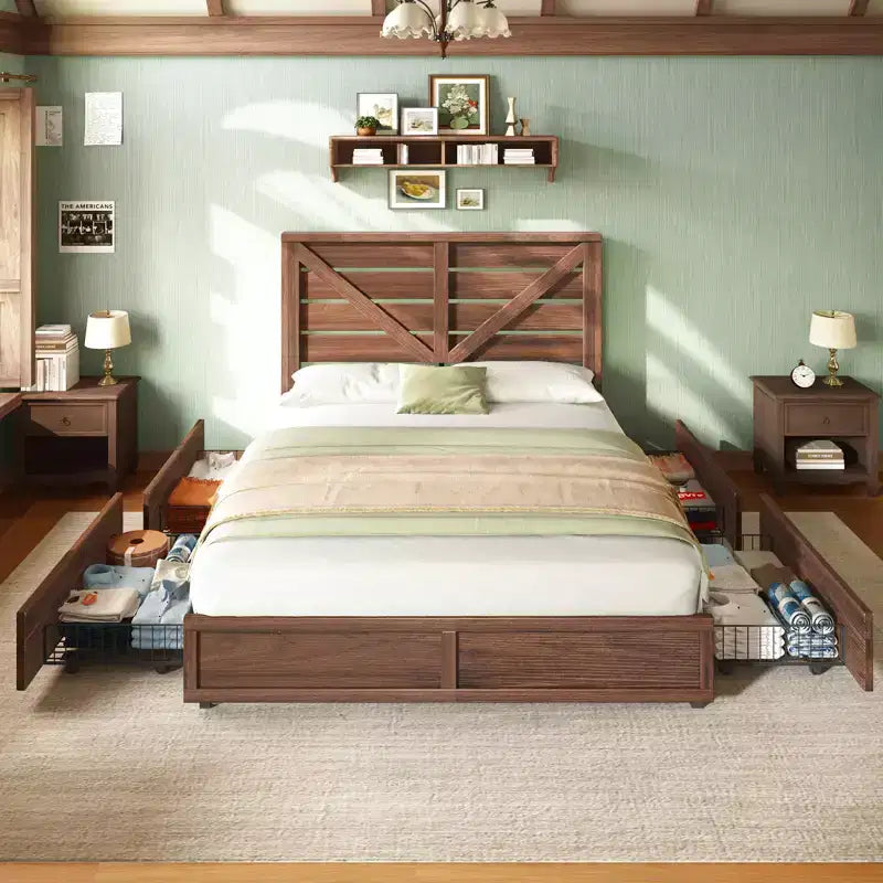 Platform Bed Frame with 4 Storage Drawers & Barn Door Headboard, Rustic Wood Grain