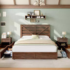 Platform Bed Frame with 4 Storage Drawers & Barn Door Headboard, Rustic Wood Grain