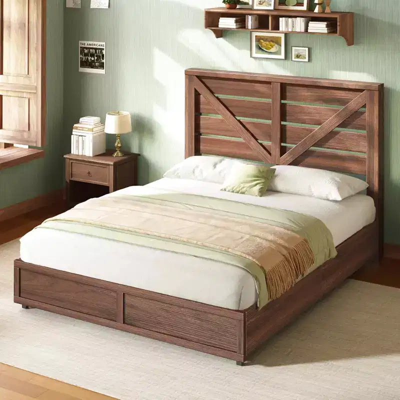Platform Bed Frame with 4 Storage Drawers & Barn Door Headboard, Rustic Wood Grain