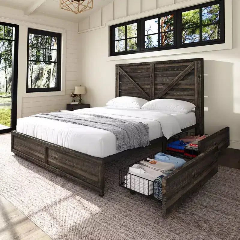 Platform Bed Frame with 4 Storage Drawers & Barn Door Headboard, Rustic Wood Grain