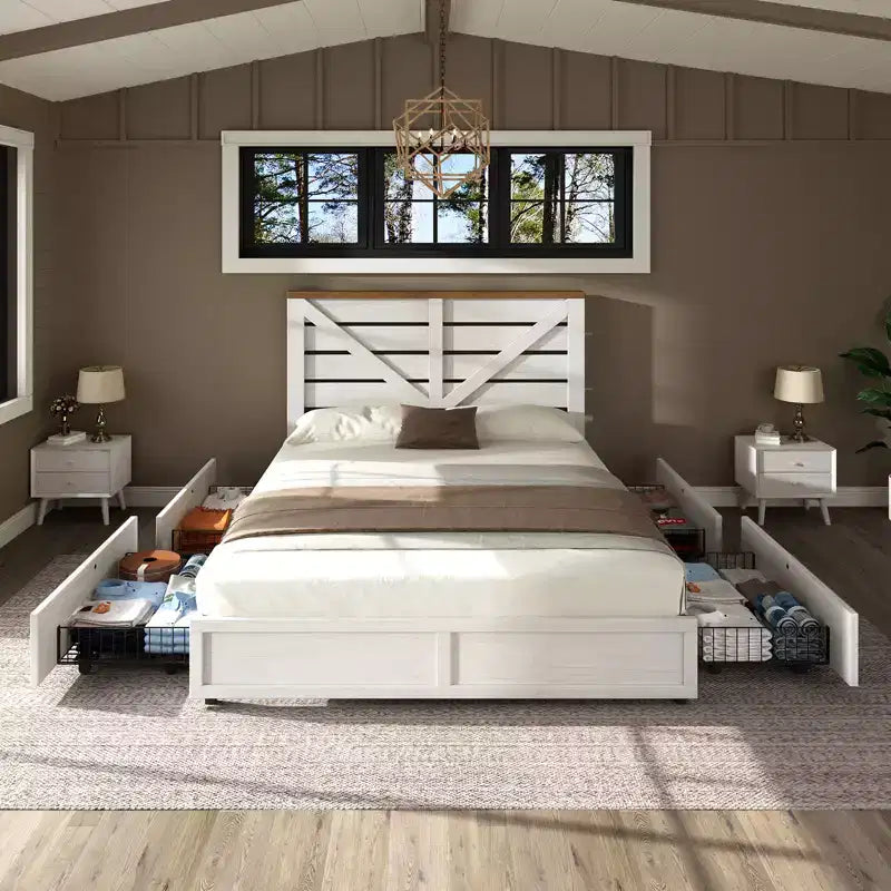 Platform Bed Frame with 4 Storage Drawers & Barn Door Headboard, Rustic Wood Grain
