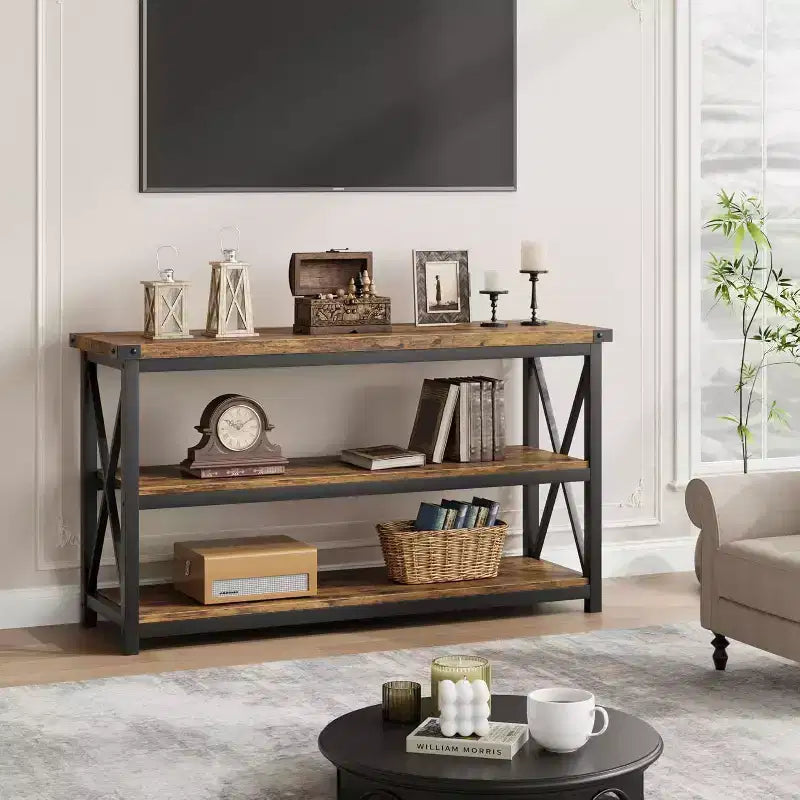 47" Industrial Console Table with 3 Storage Shelves for Entryway & Living Room