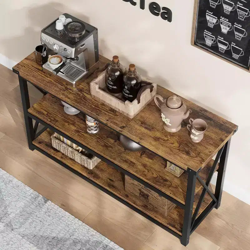 47" Industrial Console Table with 3 Storage Shelves for Entryway & Living Room