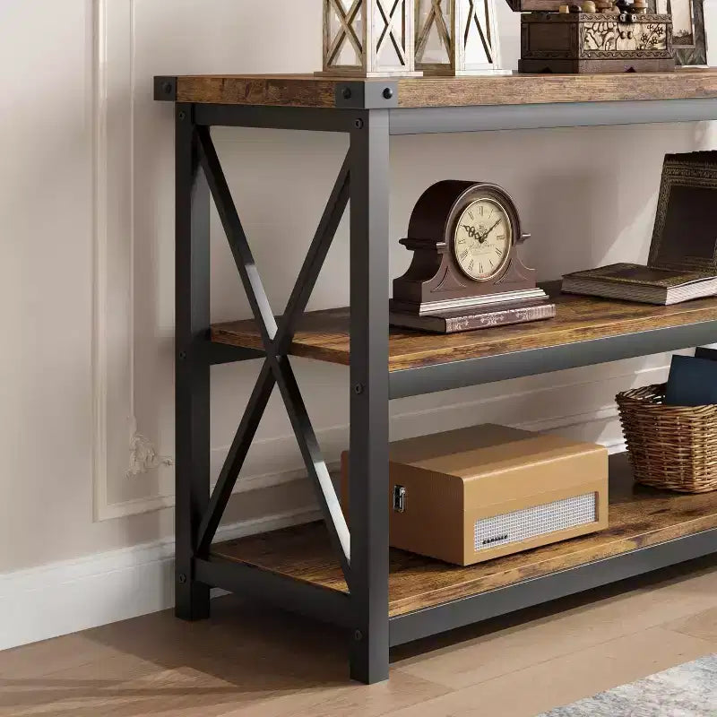 47" Industrial Console Table with 3 Storage Shelves for Entryway & Living Room