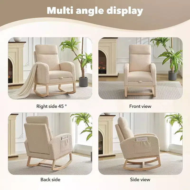 Upholstered Rocking Glider Chair with Footrest & Side Pockets, Nursery Armchair