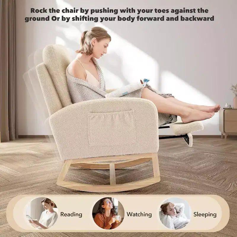 Upholstered Rocking Glider Chair with Footrest & Side Pockets, Nursery Armchair