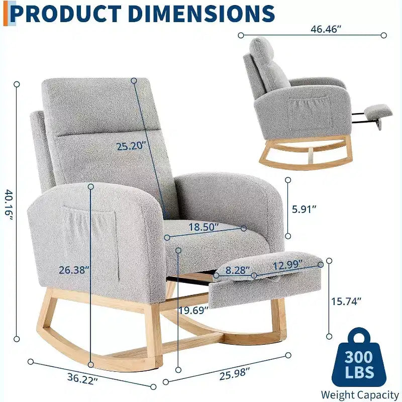 Upholstered Rocking Glider Chair with Footrest & Side Pockets, Nursery Armchair