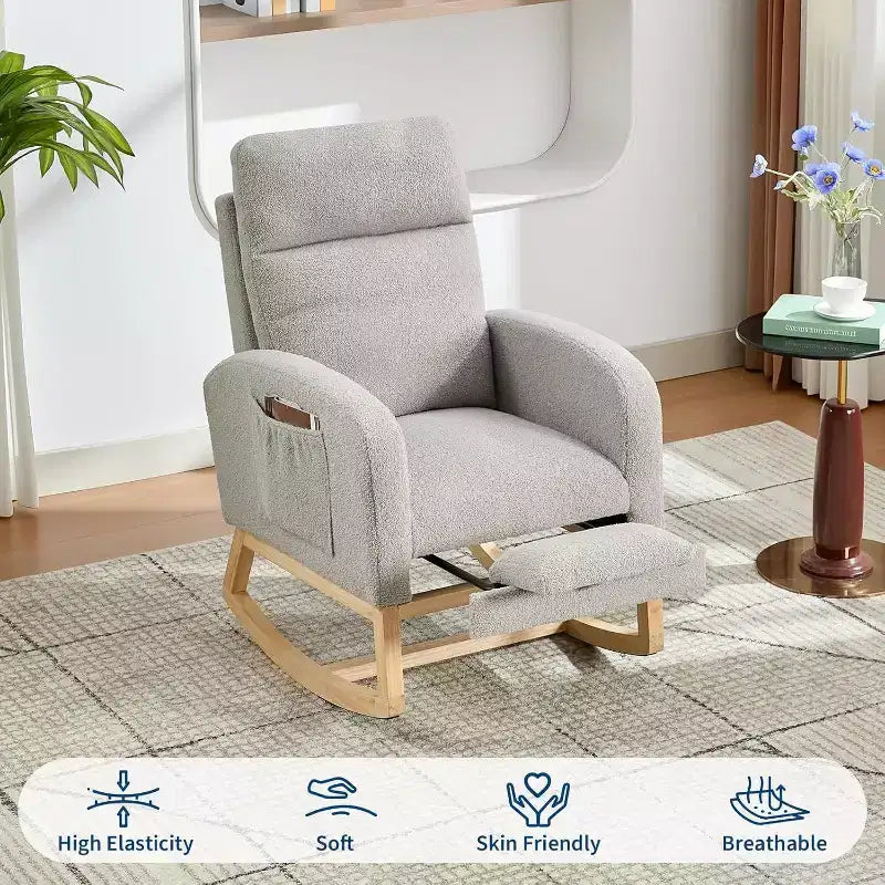 Upholstered Rocking Glider Chair with Footrest & Side Pockets, Nursery Armchair