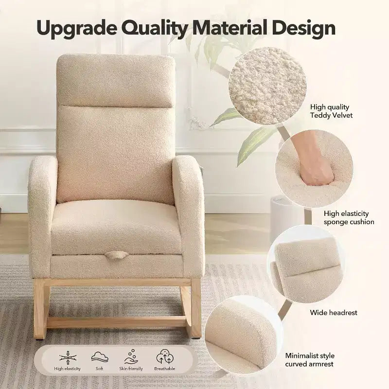 Upholstered Rocking Glider Chair with Footrest & Side Pockets, Nursery Armchair