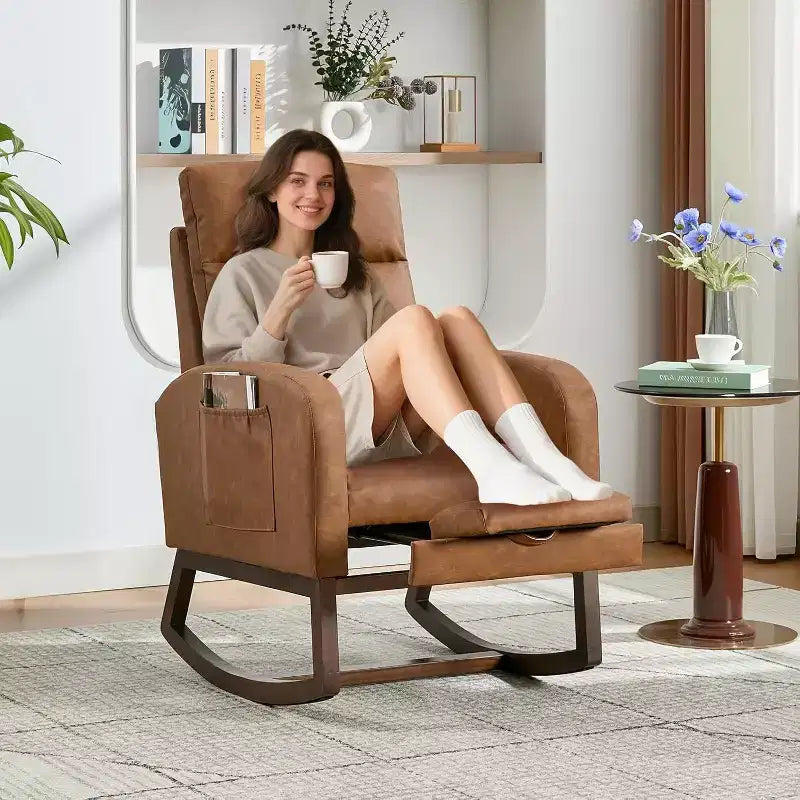 Acekool Rocking Chair with Footrest, Modern Upholstered Glider Armchair with High Backrest, Side Pockets, Accent Nursery Chair for Living Room Bedroom