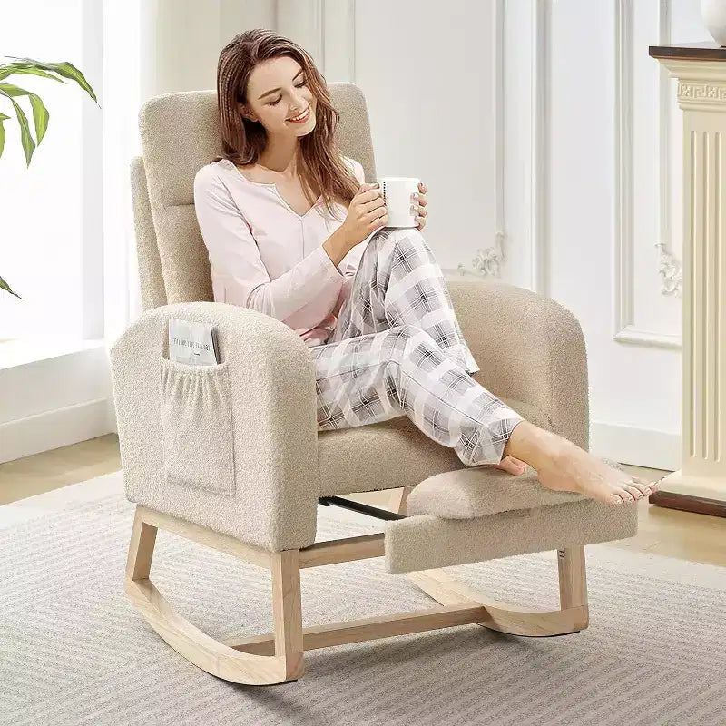 Upholstered Rocking Glider Chair with Footrest & Side Pockets, Nursery Armchair