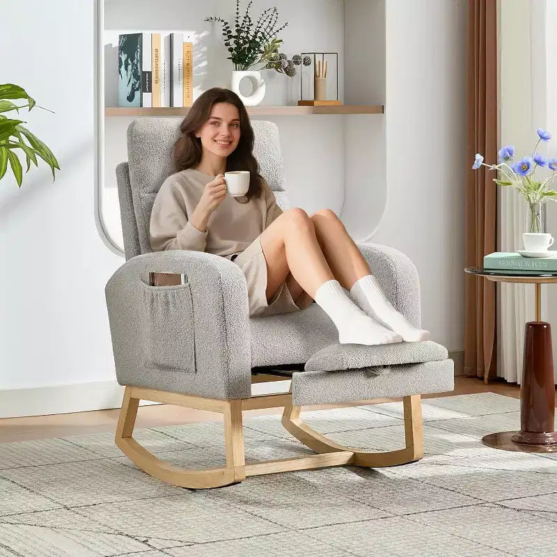 Upholstered Rocking Glider Chair with Footrest & Side Pockets, Nursery Armchair