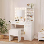 White Vanity Desk with LED Mirror, Power Outlet, 3 Drawers & Stool