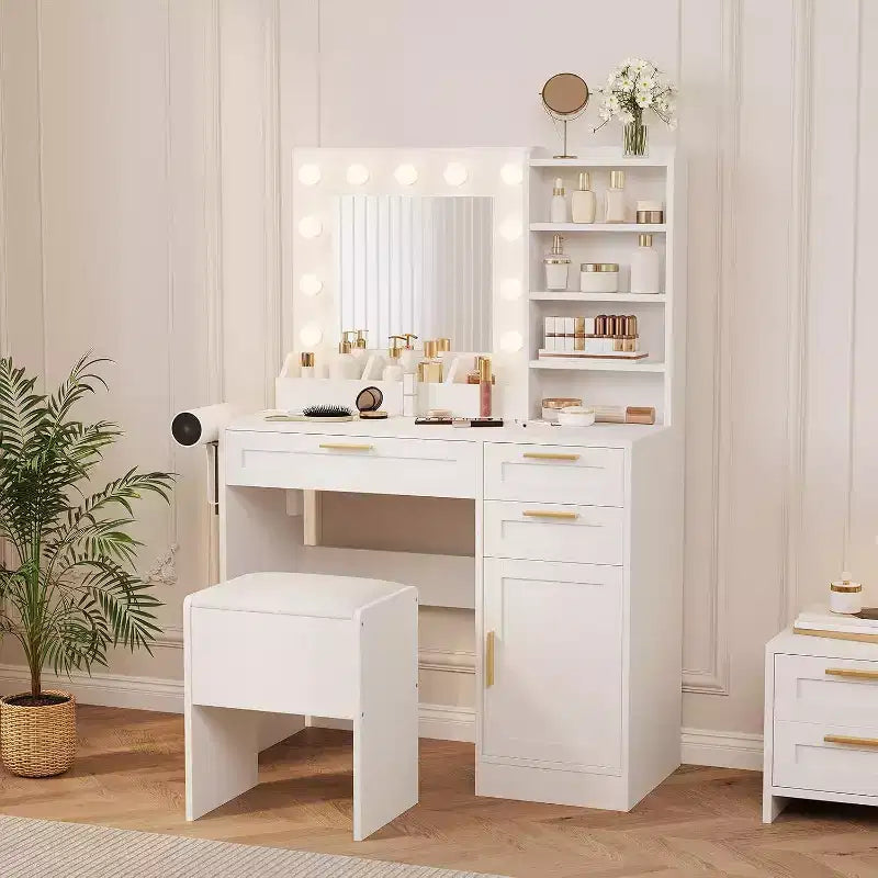 White Vanity Desk with LED Mirror, Power Outlet, 3 Drawers & Stool