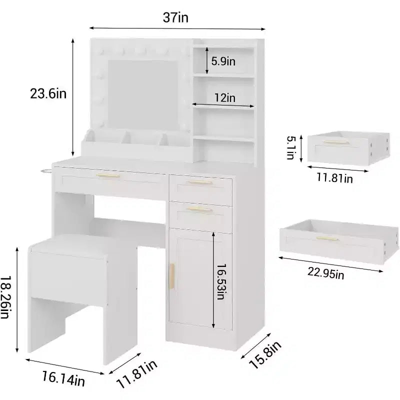White Vanity Desk with LED Mirror, Power Outlet, 3 Drawers & Stool