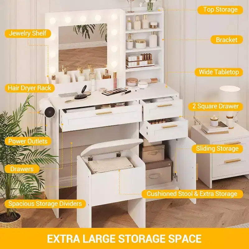 White Vanity Desk with LED Mirror, Power Outlet, 3 Drawers & Stool