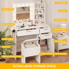 White Vanity Desk with LED Mirror, Power Outlet, 3 Drawers & Stool