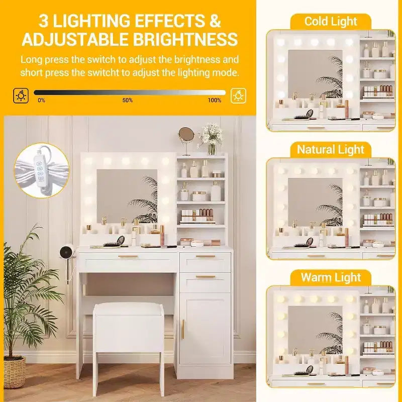 White Vanity Desk with LED Mirror, Power Outlet, 3 Drawers & Stool