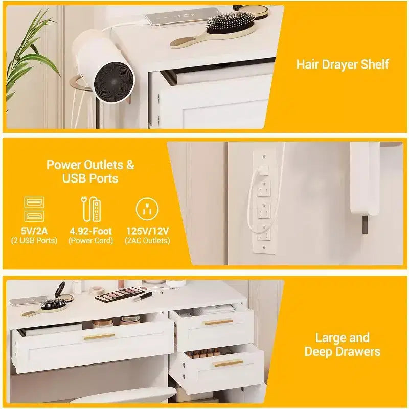 White Vanity Desk with LED Mirror, Power Outlet, 3 Drawers & Stool