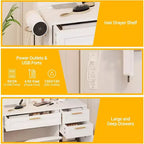 White Vanity Desk with LED Mirror, Power Outlet, 3 Drawers & Stool