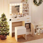 White Vanity Desk with LED Mirror, Power Outlet, 3 Drawers & Stool