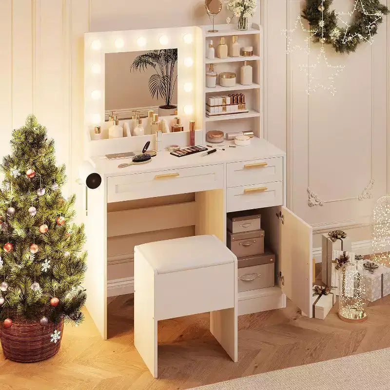 White Vanity Desk with LED Mirror, Power Outlet, 3 Drawers & Stool