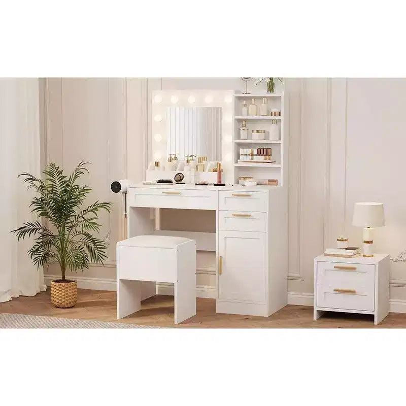 White Vanity Desk with LED Mirror, Power Outlet, 3 Drawers & Stool