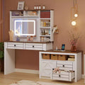 Vanity Desk with Glass Top, 5 Drawers, 6 Open Storage Shelves, Desktop Glass Top Viewing Window, Extendable Dressing Table for Bedroom