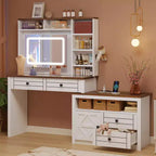 Vanity Desk with Glass Top, 5 Drawers, 6 Open Storage Shelves, Desktop Glass Top Viewing Window, Extendable Dressing Table for Bedroom