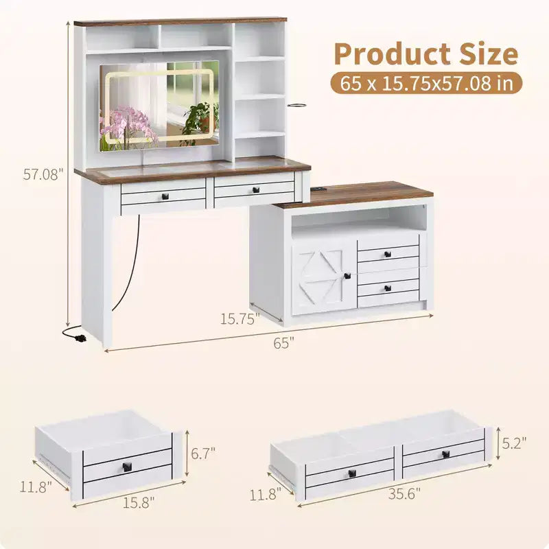 Vanity Desk with Glass Top, 5 Drawers & 6 Open Shelves, Extendable Dressing Table