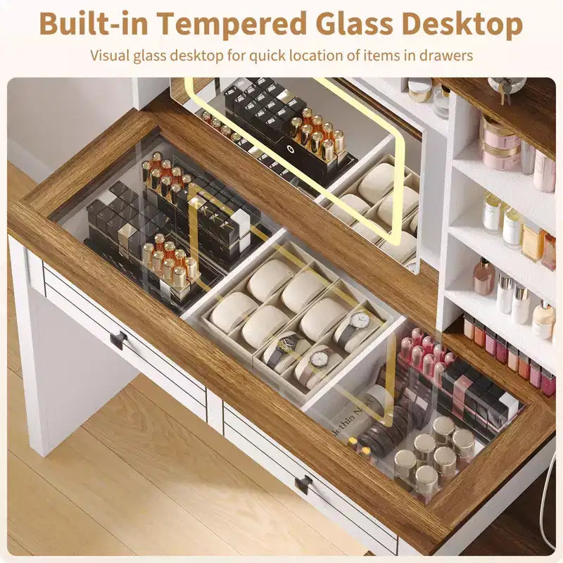 Vanity Desk with Glass Top, 5 Drawers & 6 Open Shelves, Extendable Dressing Table