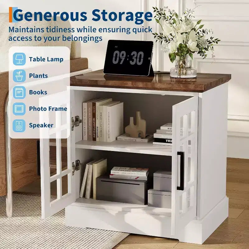 24" Farmhouse Nightstand with Charging Station & Tempered Glass Doors