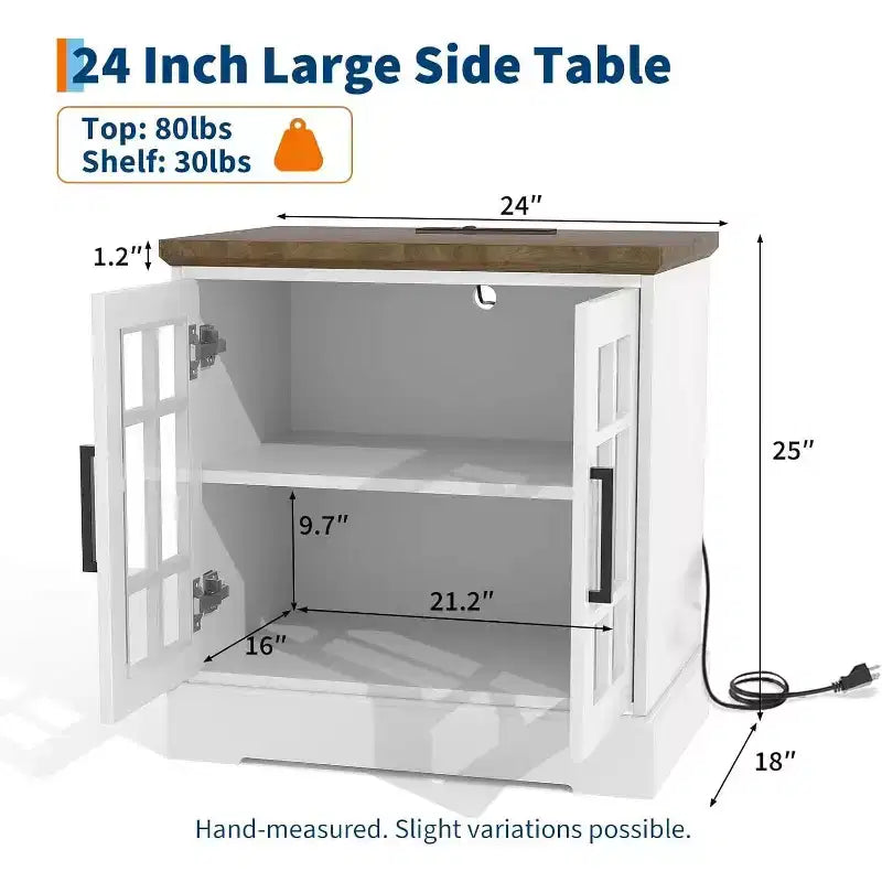24" Farmhouse Nightstand with Charging Station & Tempered Glass Doors