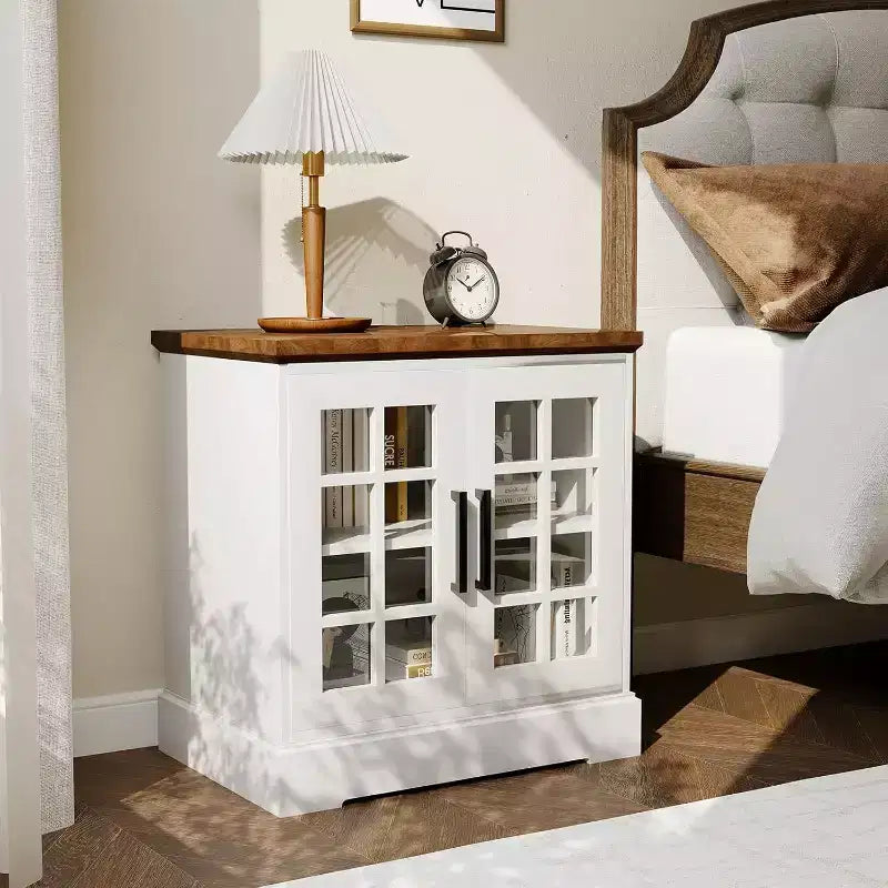 24" Farmhouse Nightstand with Charging Station & Tempered Glass Doors