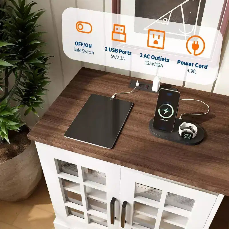 24" Farmhouse Nightstand with Charging Station & Tempered Glass Doors