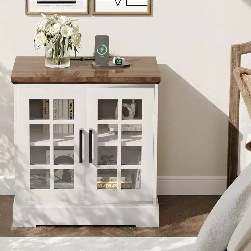 24" Farmhouse Nightstand with Charging Station & Tempered Glass Doors