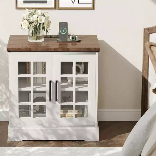 24" Farmhouse Nightstand with Charging Station & Tempered Glass Doors