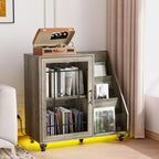 Record Player Stand with LED Lights & Charging Station, Rolling Wheels