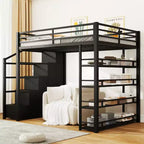 Full Size Metal Loft Bed with Storage Shelves, Stairway Heavy Duty Loft Bed Frame with Cabinets and Wardrobe, Black