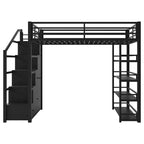 Metall-Hochbett in voller Größe mit Treppe, Ablageregalen, Kleiderschrank und Schränken, Schwarz