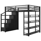 Metall-Hochbett in voller Größe mit Treppe, Ablageregalen, Kleiderschrank und Schränken, Schwarz