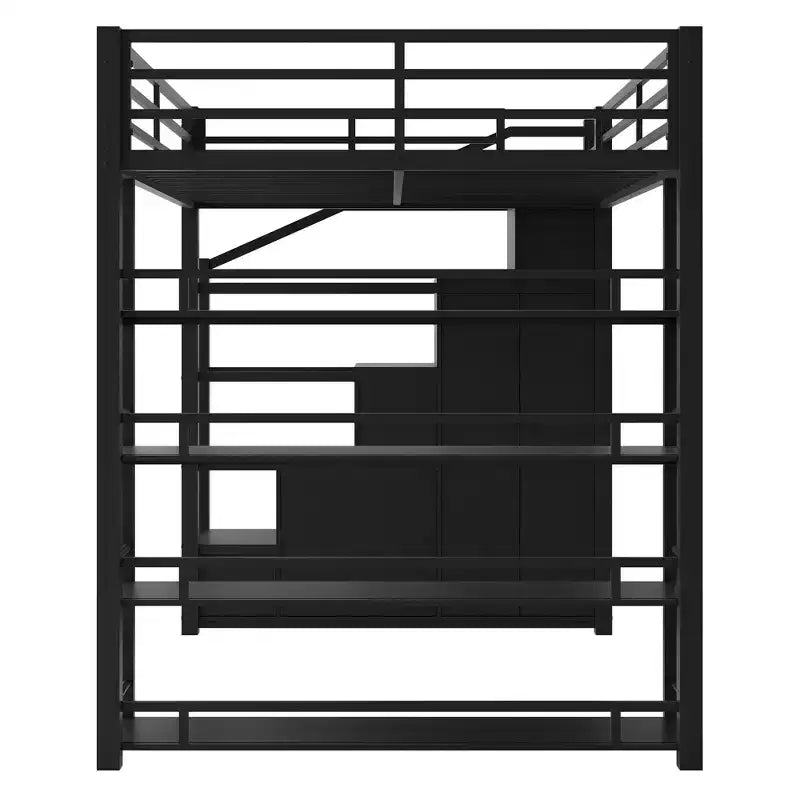 Full Size Metal Loft Bed with Stairway, Storage Shelves, Wardrobe & Cabinets, Black