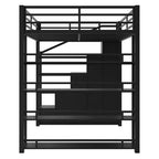 Metall-Hochbett in voller Größe mit Treppe, Ablageregalen, Kleiderschrank und Schränken, Schwarz