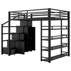 Metall-Hochbett in voller Größe mit Treppe, Ablageregalen, Kleiderschrank und Schränken, Schwarz